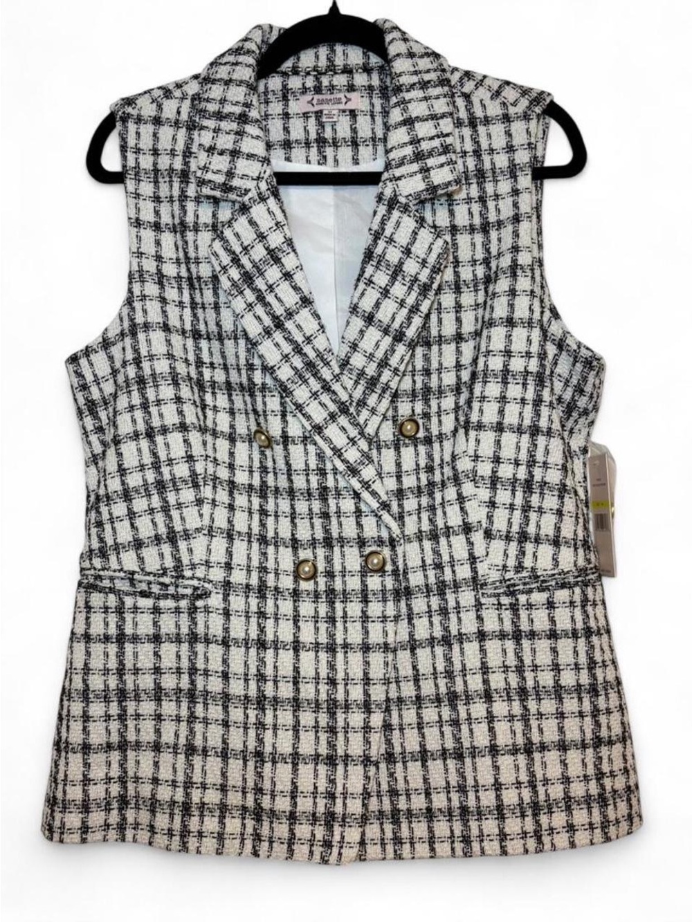 Nanette Lepore Black & White Plaid Tweed Sleeveless Vest